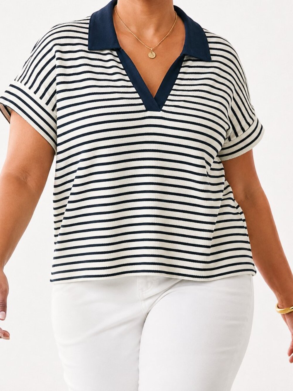 Euro Summer Navy Striped Cape Cod Ribbed V-Neck Polo Short Sleeve Tee [size XXL]